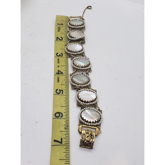 Vintage Filigree Bracelet Mother of Pearl MOP & Faux Pearl Accent Ornate - Picture 5 of 13